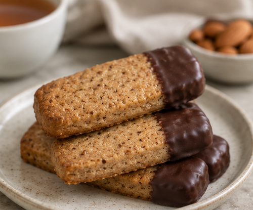 Almond Shortbread biscuits stacked with tea