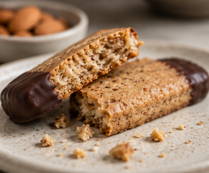 Broken Almond Shortbread biscuit showing almond crumb