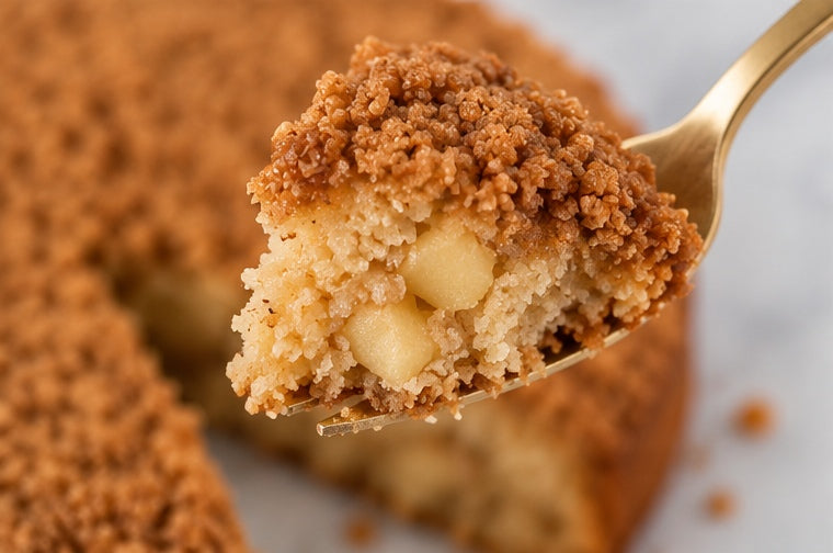 Close-up bite of The Tea Room Apple Streusel Cake showing apple filling