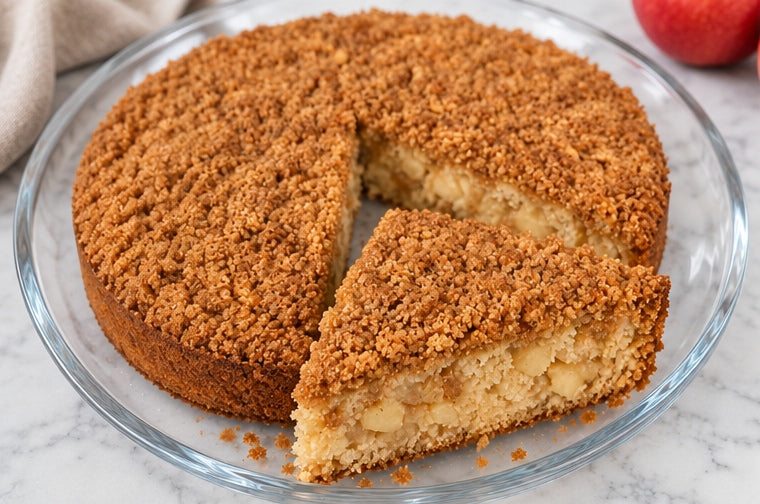 The Tea Room Apple Streusel Cake with a slice cut