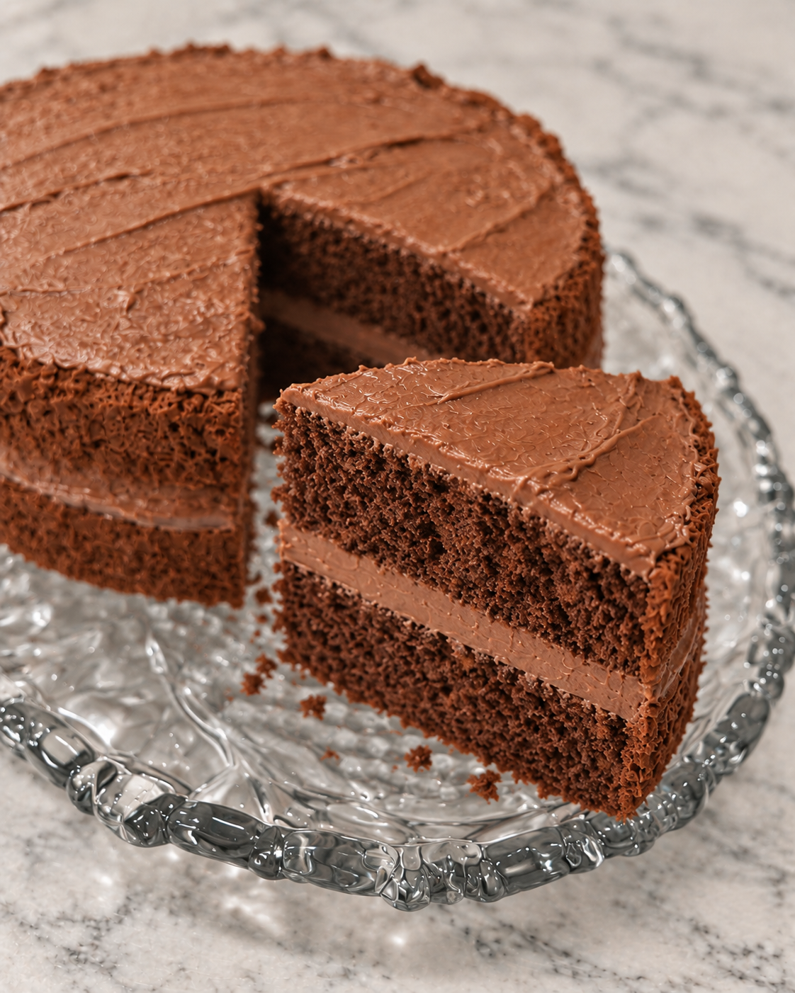 Close-up slice of two-layer Cadbury Delight Cake