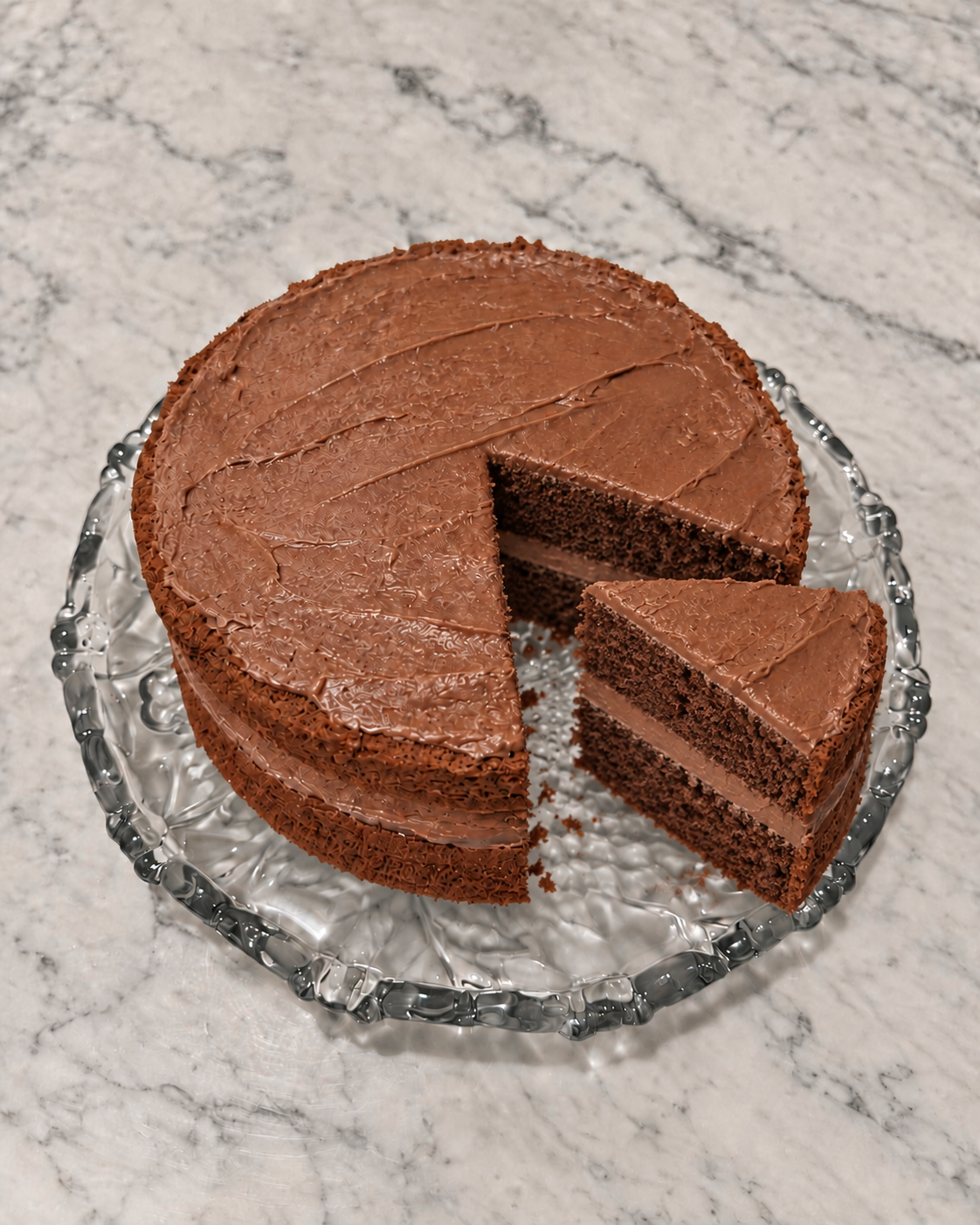 Two-layer Cadbury Delight Cake with one slice removed