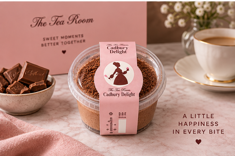 The Tea Room Cadbury Delight dessert cup styled with tea and chocolate
