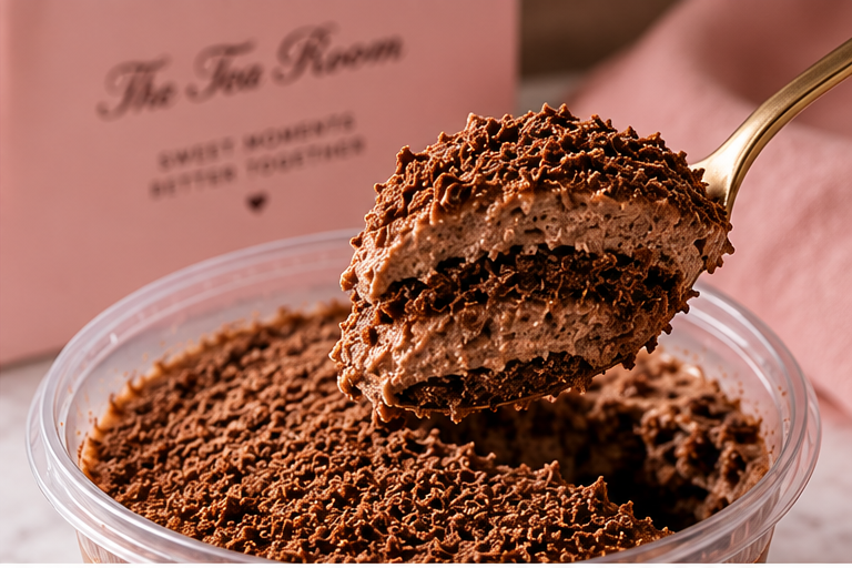 Cadbury Delight chocolate dessert cup with spoon showing layered texture