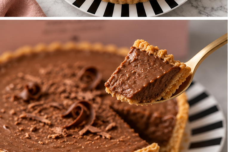 Close-up bite of Cadbury Delight Tart showing chocolate filling and crisp tart shell