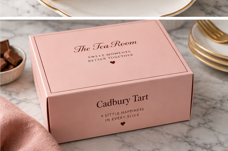 The Tea Room pink Cadbury Delight Tart packaging