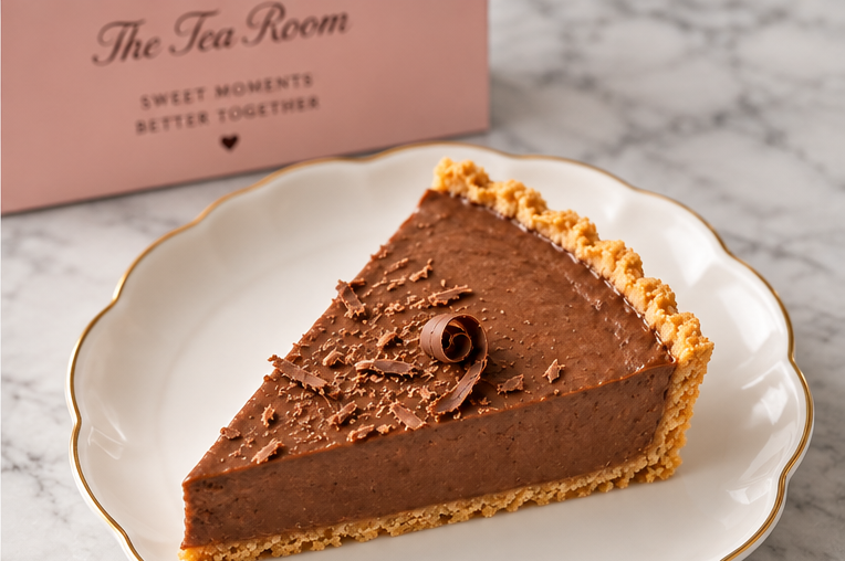 Slice of The Tea Room Cadbury Delight chocolate tart on gold rimmed plate