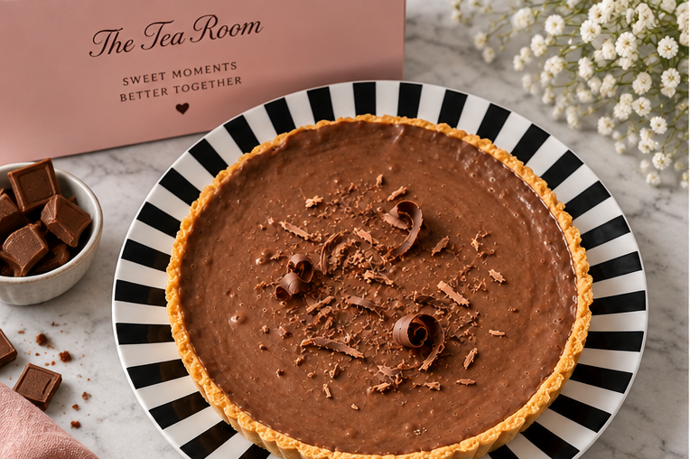 The Tea Room Cadbury Delight Tart whole tart on striped plate