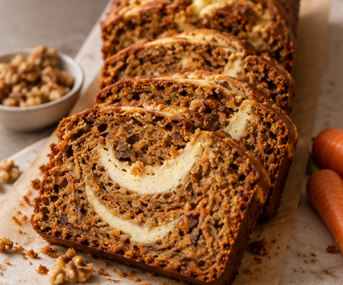 Carrot Cheesecake Loaf sliced view with cream cheese swirl