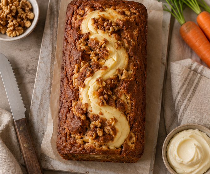 Carrot Cheesecake Loaf overhead whole loaf