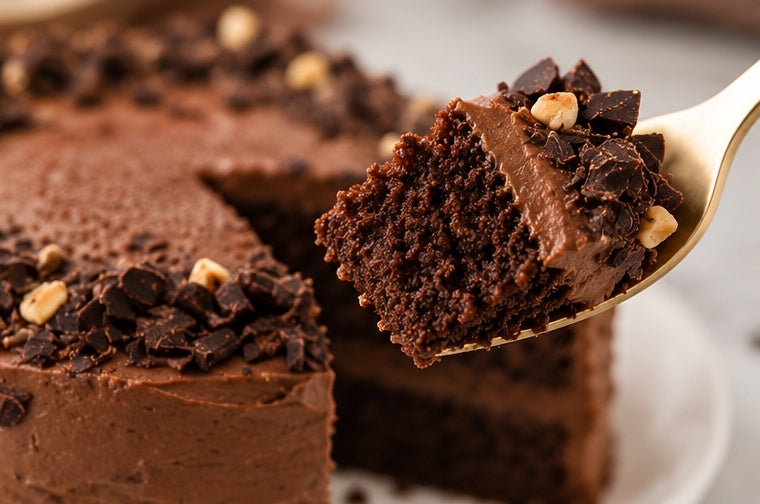 Close-up bite of The Tea Room Clean Cocoa Cake