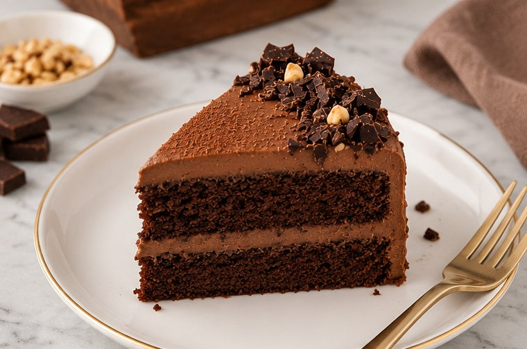 The Tea Room Clean Cocoa Cake slice showing chocolate layers