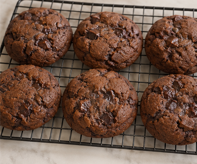 Six Double Chunky Monkey Cookies on cooling rack
