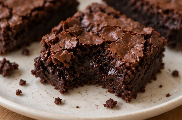 Close-up Gooey Fudge Brownie showing soft chocolate centre