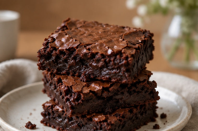 Stacked Gooey Fudge Brownies showing fudgy layers