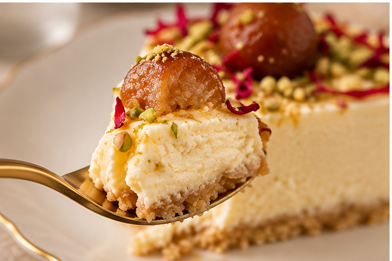 Close-up bite of Gulab Jamun Cheesecake showing creamy filling and biscuit base