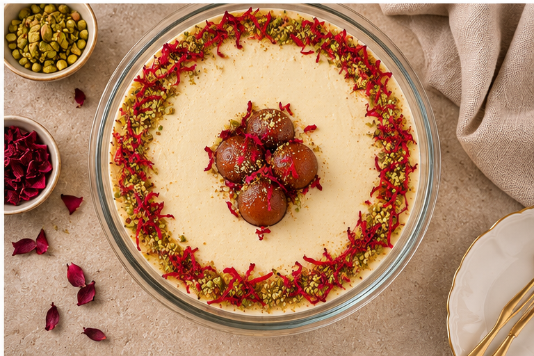 Overhead view of The Tea Room Gulab Jamun Cheesecake with pistachios and rose petals