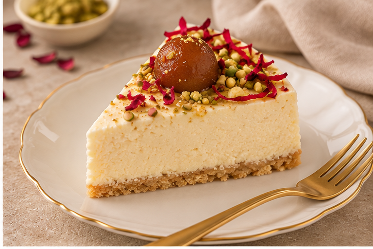 Slice of The Tea Room Gulab Jamun Cheesecake with pistachio and rose garnish