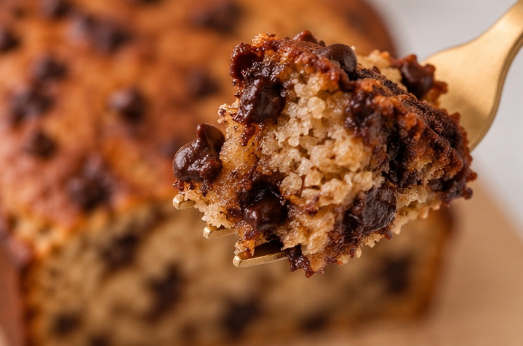 Close-up bite of Honey Banana Chip Loaf