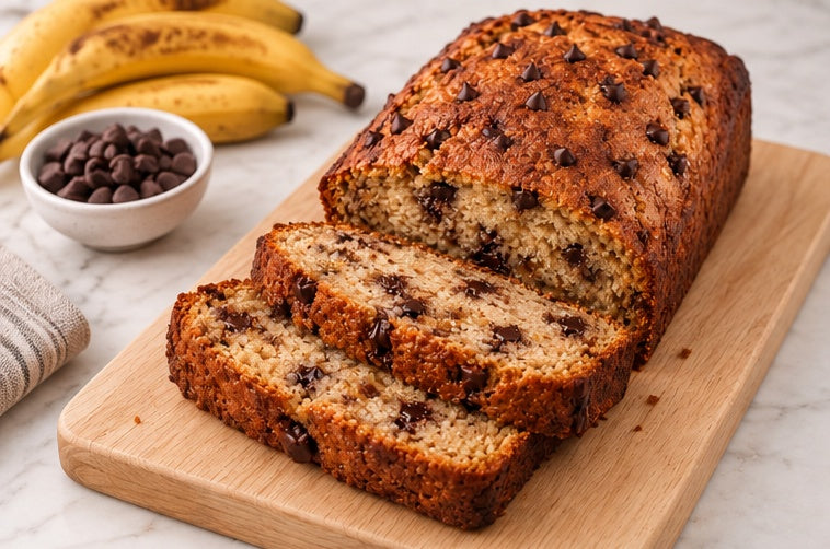 Honey Banana Chip Loaf sliced on wooden board