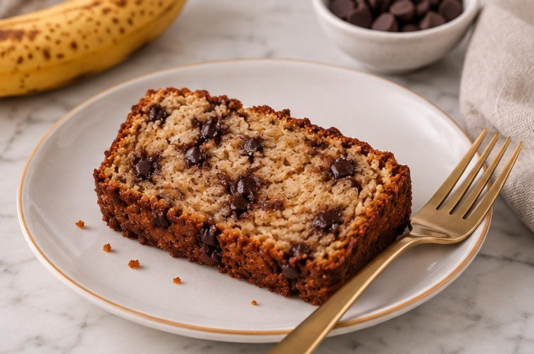Slice of Honey Banana Chip Loaf with chocolate chips