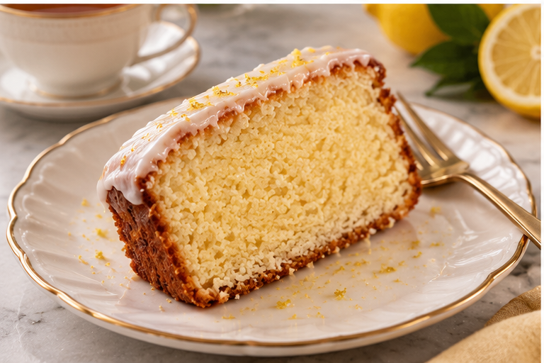 The Tea Room Lemon Drizzle slice served on gold rimmed plate with tea