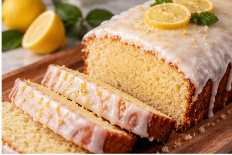 Sliced Lemon Drizzle loaf showing moist crumb and white citrus glaze