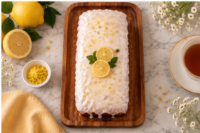 Overhead view of The Tea Room Lemon Drizzle loaf with fresh lemon and tea