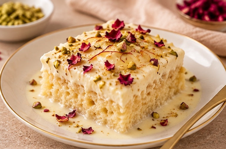 Ras Malai Milk Cake plated serving with pistachio rose and saffron