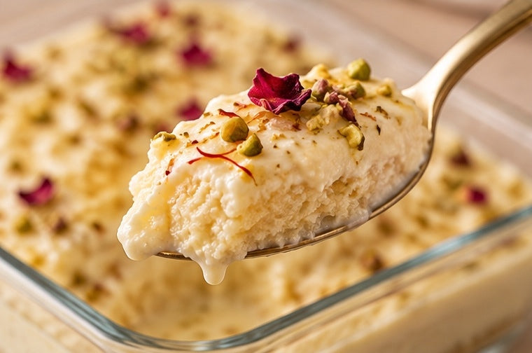 Close-up spoonful of Ras Malai Milk Cake