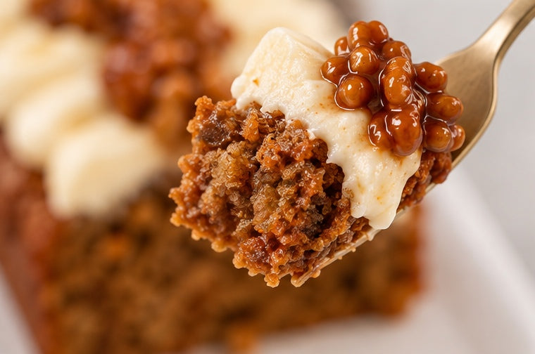 Close-up bite of The Tea Room Spiced Carrot & Cream Cake