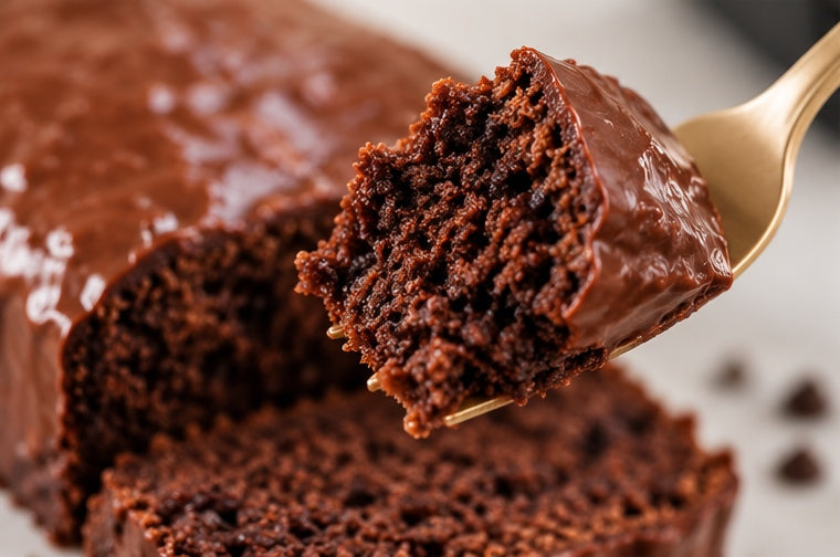Close-up bite of The Tea Room Triple Chocolate Loaf